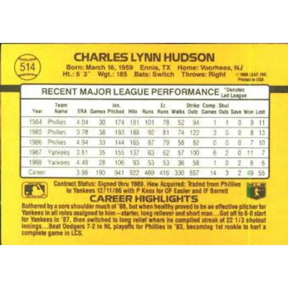 1989 Donruss #514 Charles Hudson NM-MT New York Yankees Baseball Card Image 2