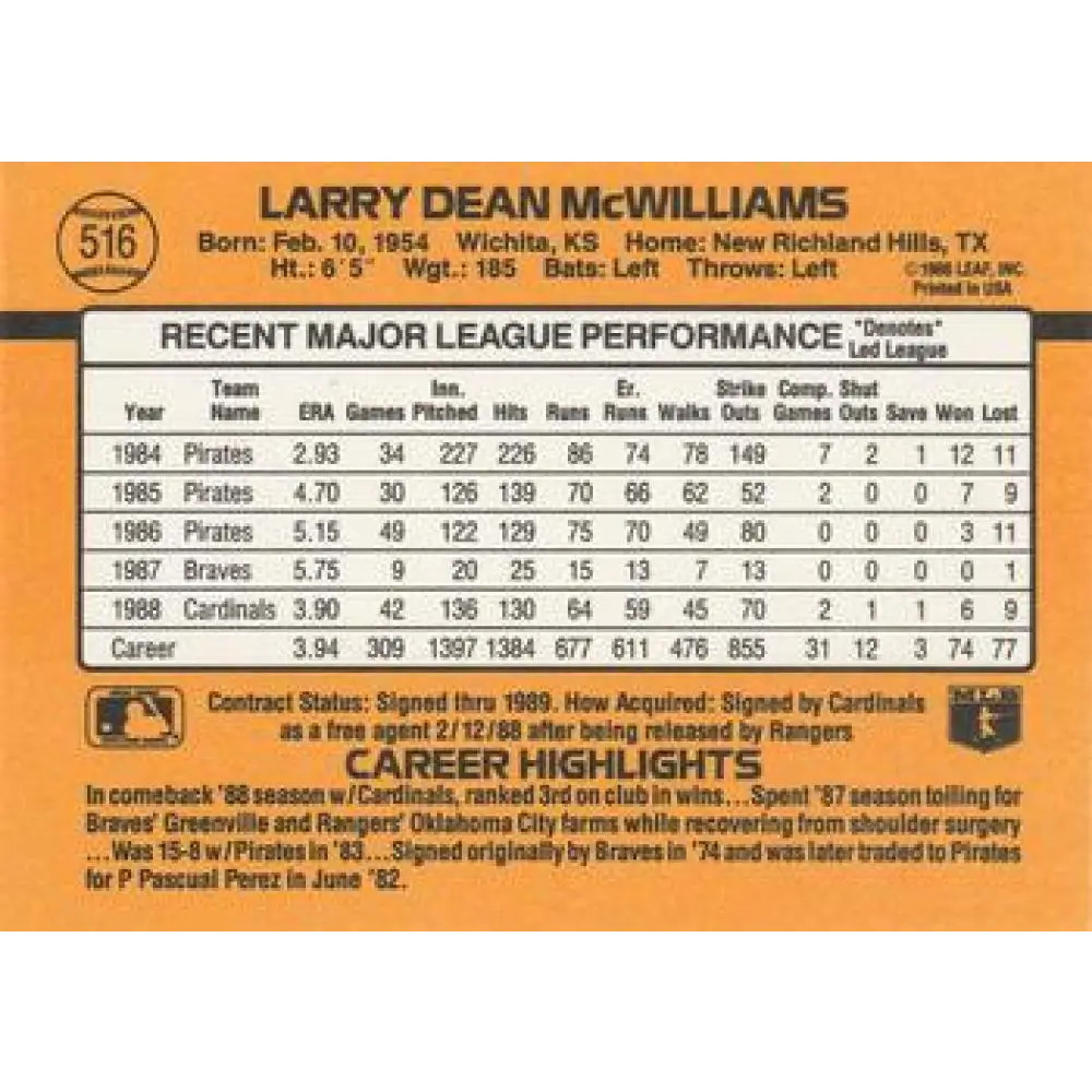 1989 Donruss #516 Larry McWilliams UER NM-MT St. Louis Cardinals Baseball Card Image 2