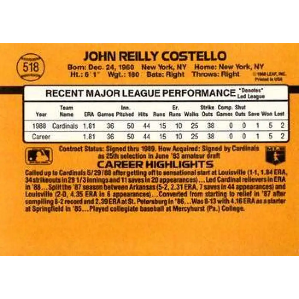 1989 Donruss #518 John Costello NM-MT St. Louis Cardinals Baseball Card Image 2