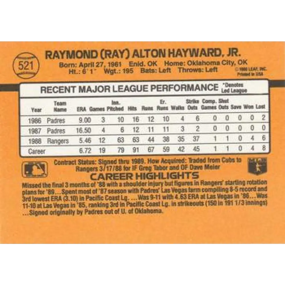 1989 Donruss #521 Ray Hayward DP NM-MT Texas Rangers Baseball Card Image 2