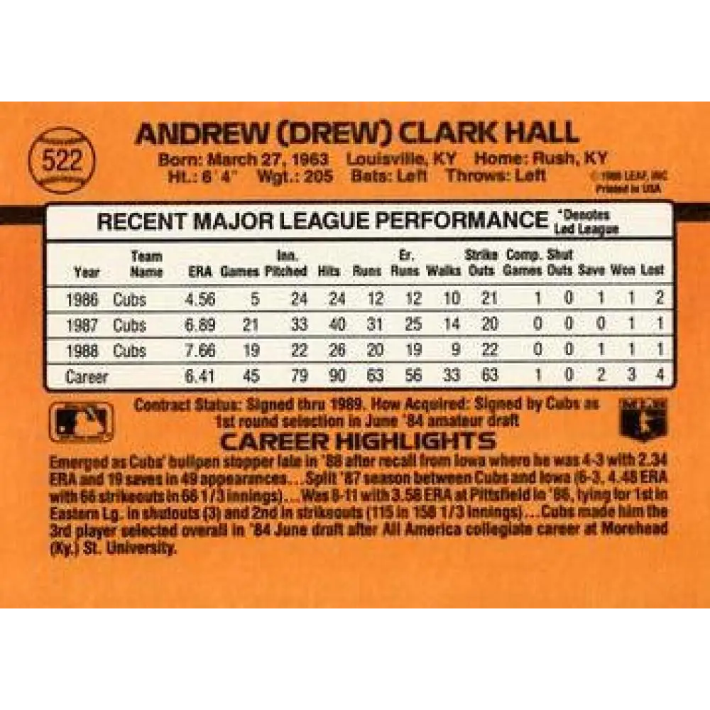 1989 Donruss #522 Drew Hall DP NM-MT Chicago Cubs Baseball Card Image 2