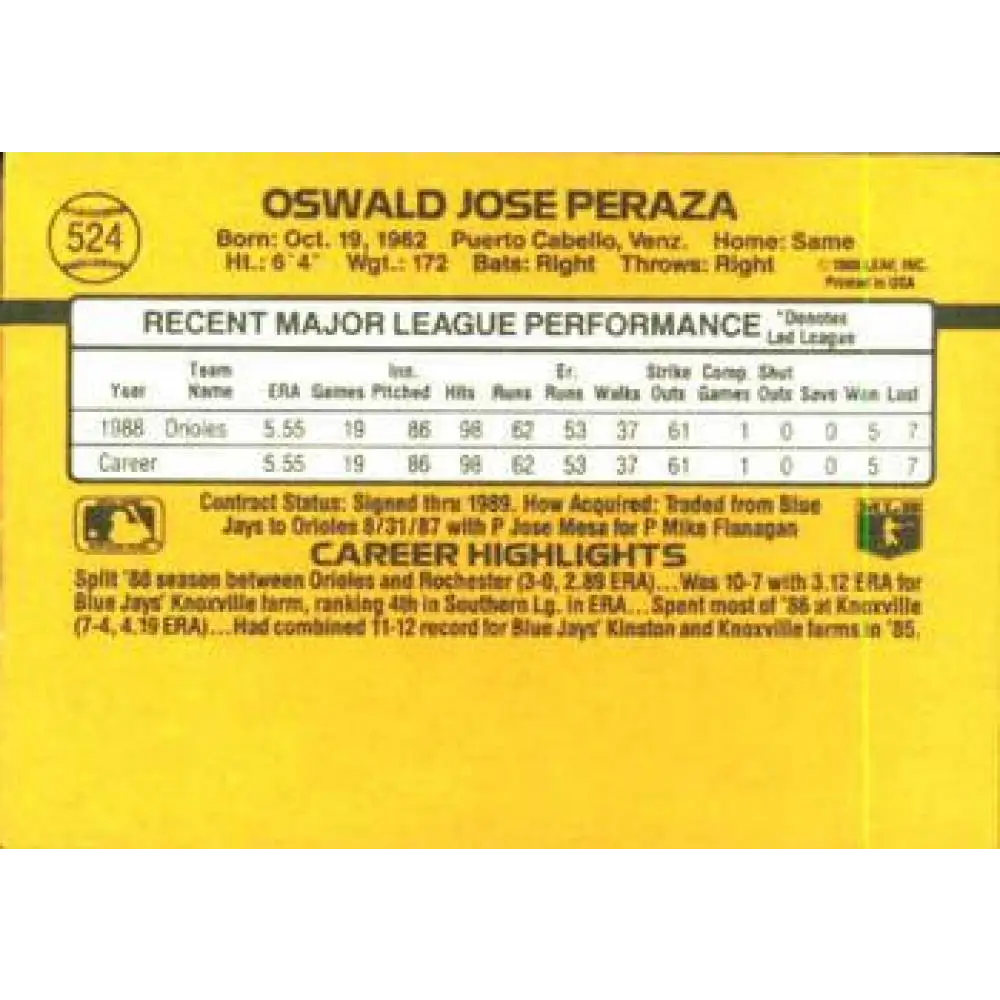 1989 Donruss #524 Oswaldo Peraza DP NM-MT Baltimore Orioles Baseball Card Image 2
