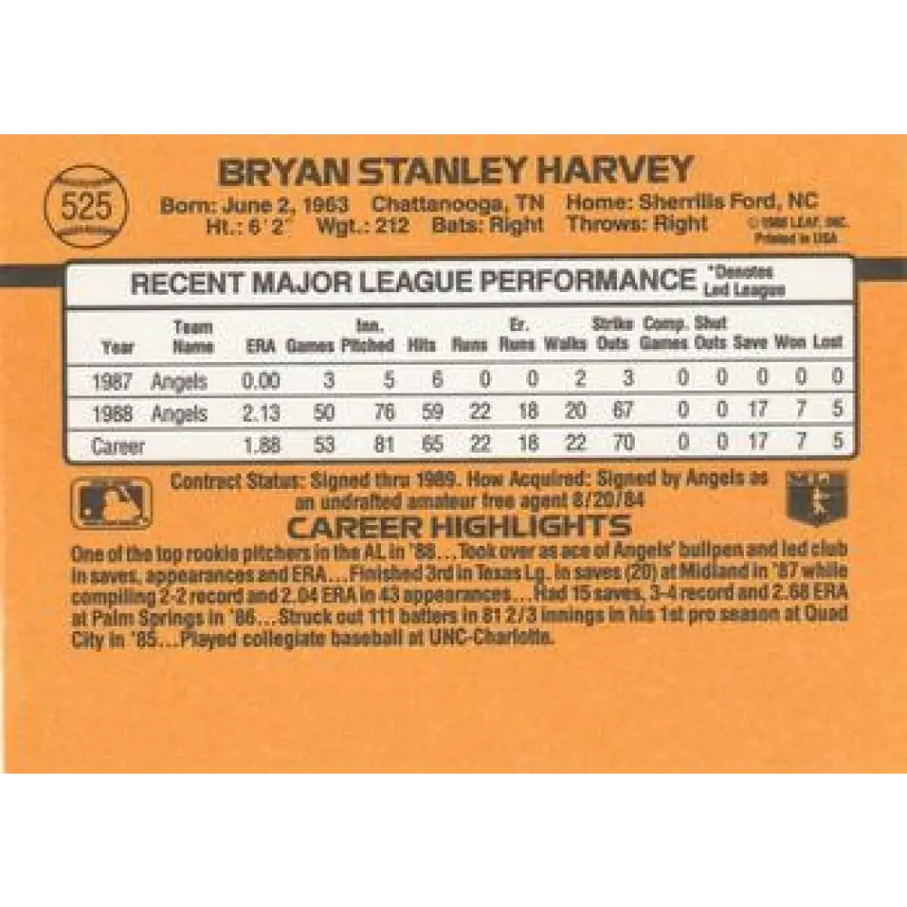 1989 Donruss #525 Bryan Harvey DP NM-MT RC Rookie California Angels Baseball Card Image 2