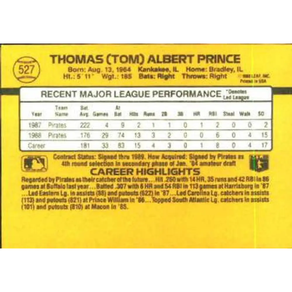 1989 Donruss #527 Tom Prince DP NM-MT Pittsburgh Pirates Baseball Card Image 2