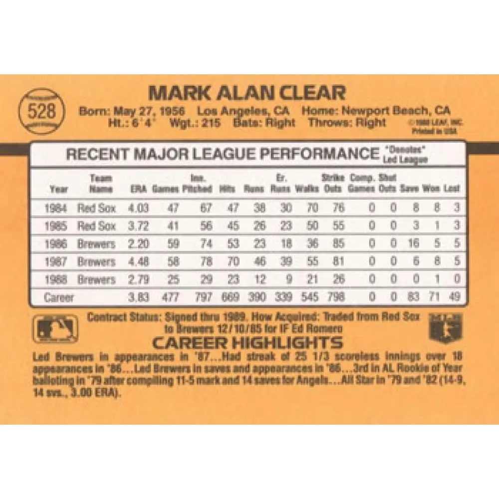 1989 Donruss #528 Mark Clear DP NM-MT Milwaukee Brewers Baseball Card Image 2