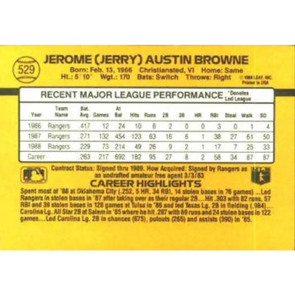 1989 Donruss #529 Jerry Browne DP NM-MT Texas Rangers Baseball Card Image 2