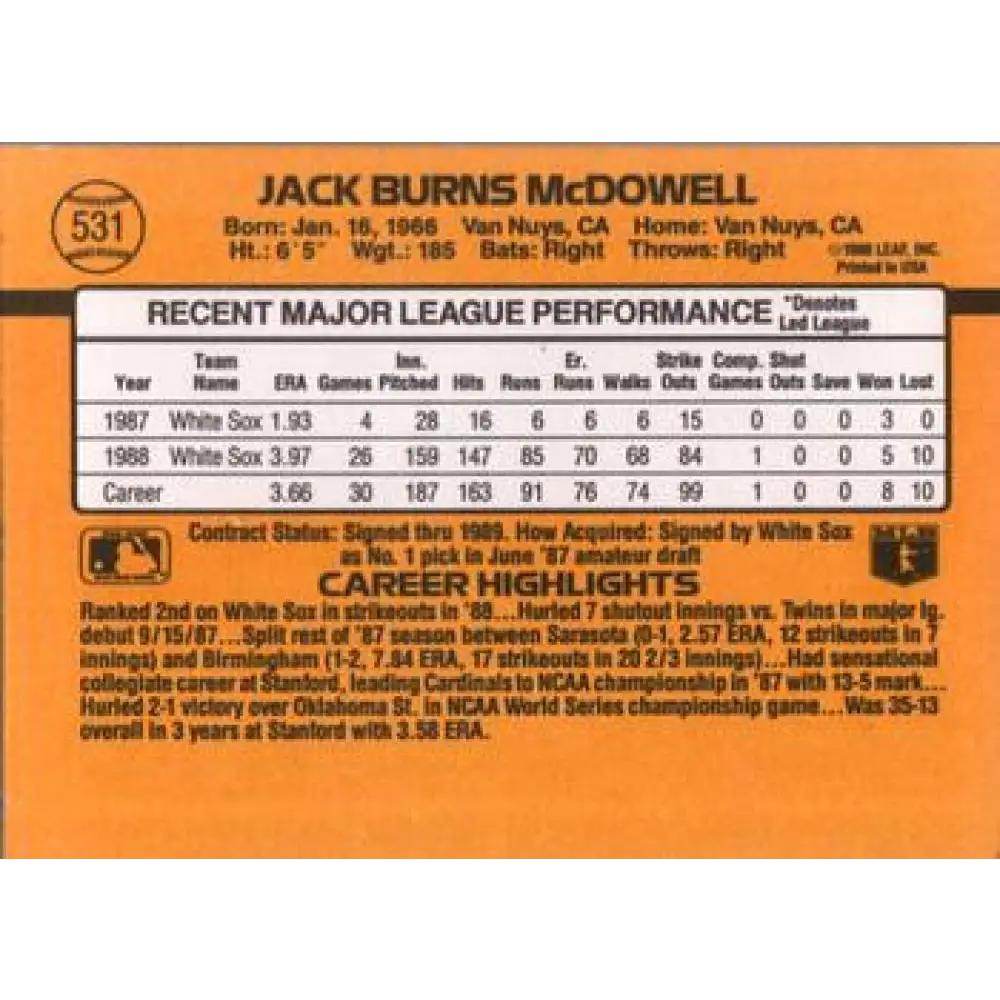 1989 Donruss #531 Jack McDowell DP NM-MT Chicago White Sox Baseball Card Image 2