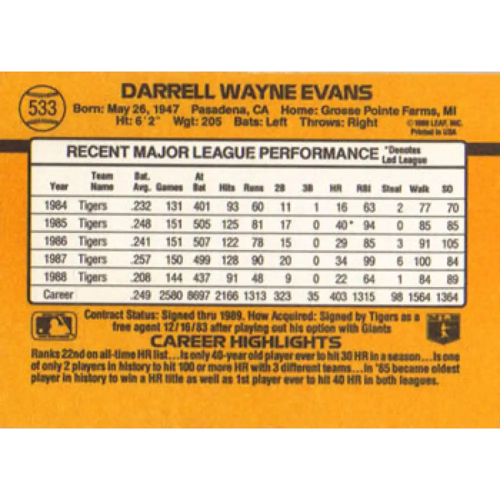 1989 Donruss #533 Darrell Evans DP NM-MT Detroit Tigers Baseball Card Image 2