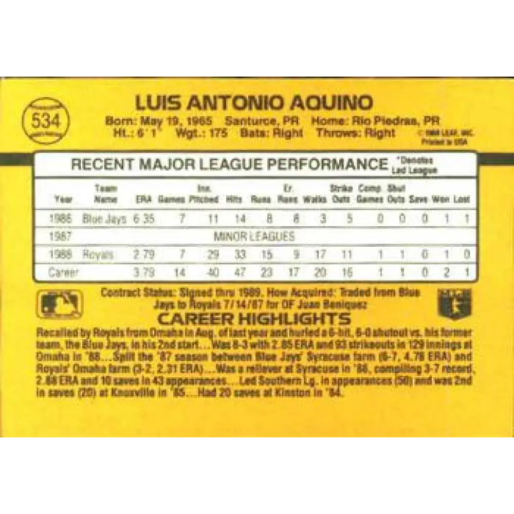 1989 Donruss #534 Luis Aquino DP NM-MT Kansas City Royals Baseball Card Image 2