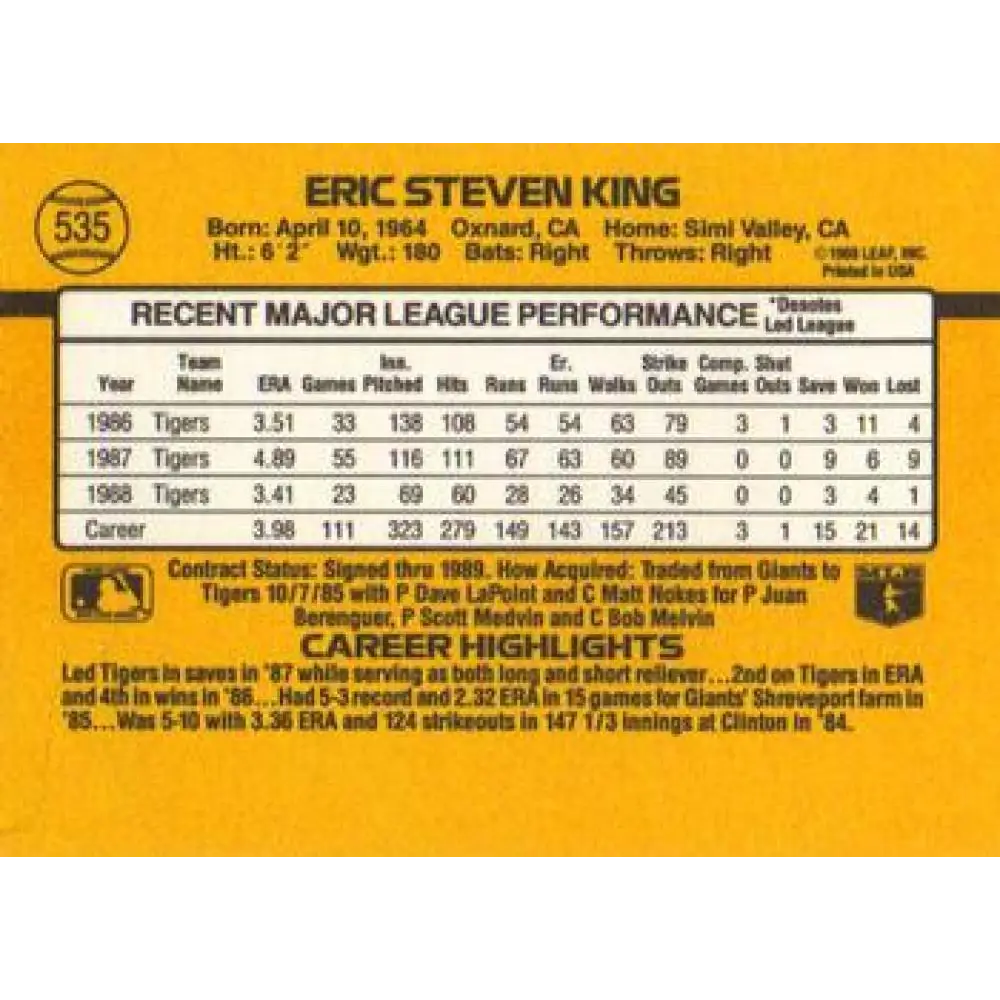 1989 Donruss #535 Eric King DP NM-MT Detroit Tigers Baseball Card Image 2
