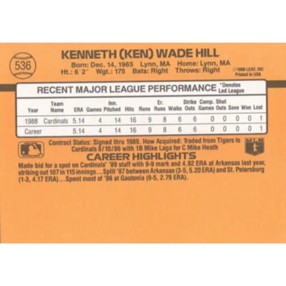 1989 Donruss #536 Ken Hill DP NM-MT RC Rookie St. Louis Cardinals Baseball Card Image 2