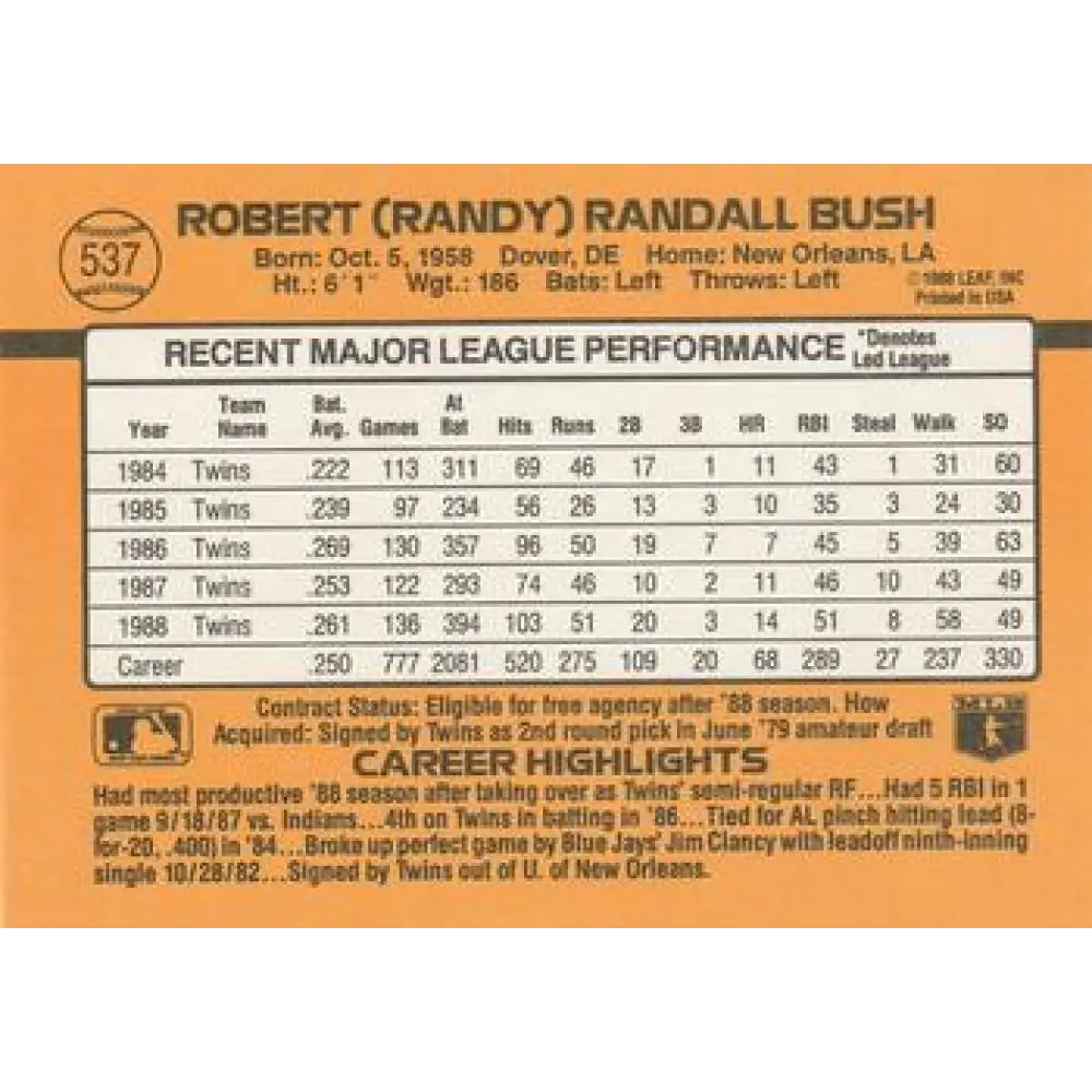 1989 Donruss #537 Randy Bush DP NM-MT Minnesota Twins Baseball Card Image 2