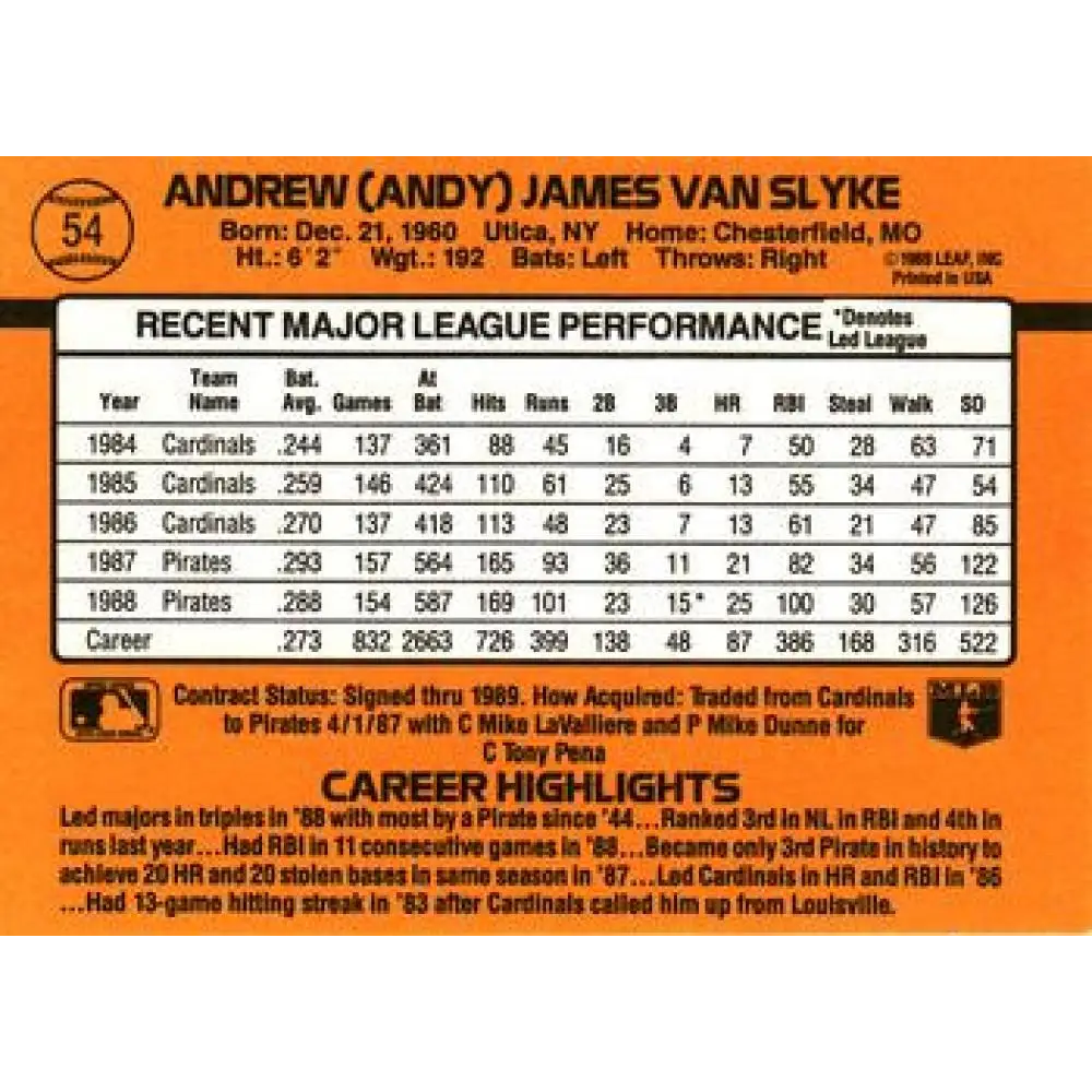 1989 Donruss #54 Andy Van Slyke NM-MT Pittsburgh Pirates Baseball Card Image 2