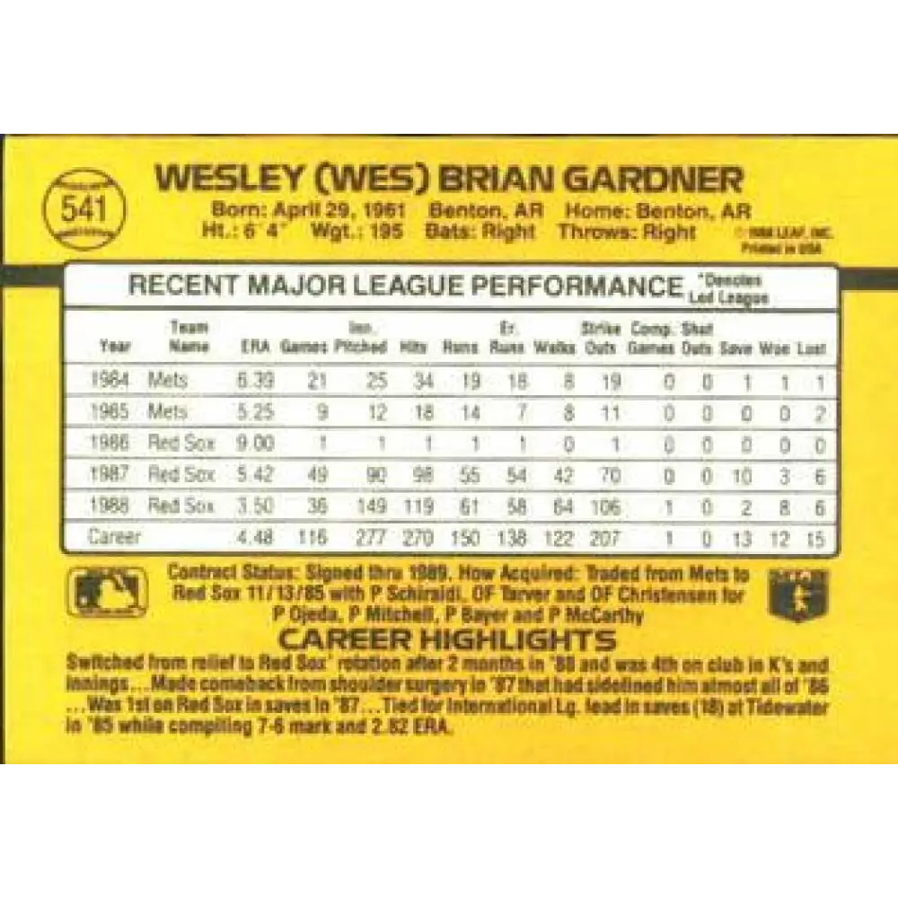 1989 Donruss #541 Wes Gardner DP NM-MT Boston Red Sox Baseball Card Image 2