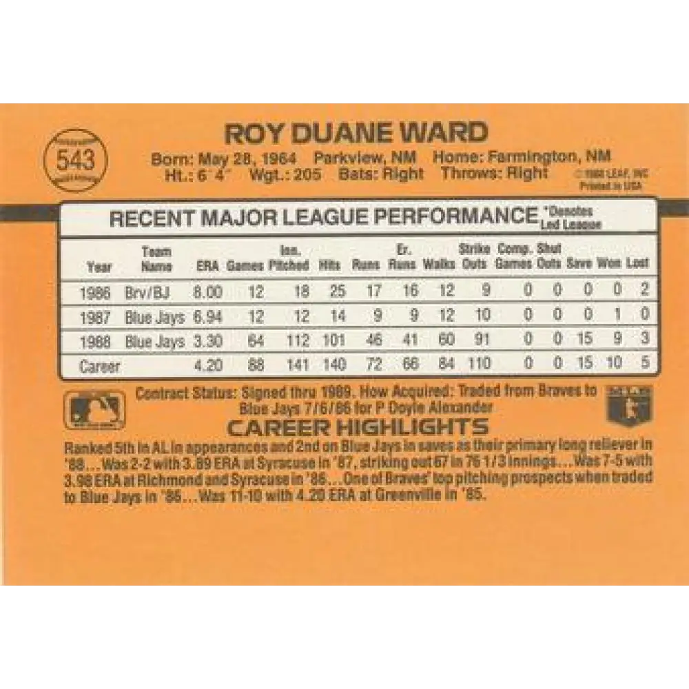 1989 Donruss #543 Duane Ward DP NM-MT Toronto Blue Jays Baseball Card Image 2
