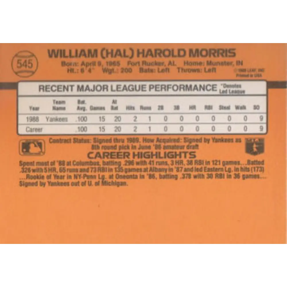 1989 Donruss #545 Hal Morris DP NM-MT RC Rookie New York Yankees Baseball Card Image 2