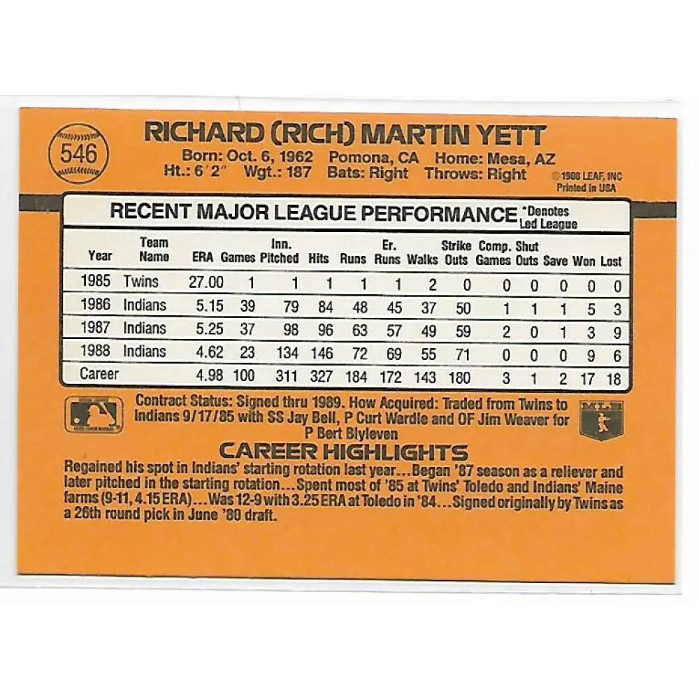 1989 Donruss #546 Rich Yett DP NM-MT Cleveland Indians Baseball Card Image 2