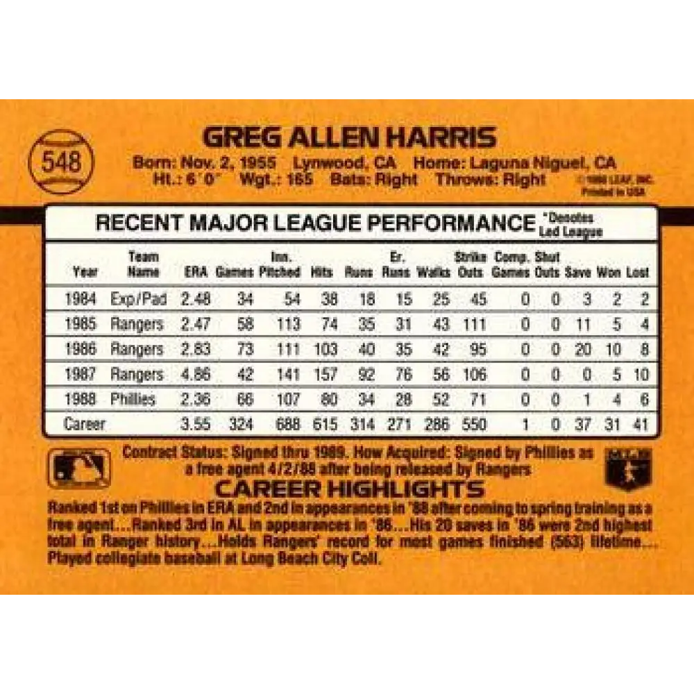1989 Donruss #548 Greg Harris DP NM-MT Philadelphia Phillies Baseball Card Image 2