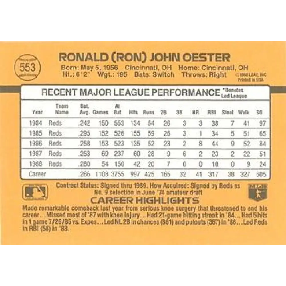 1989 Donruss #553 Ron Oester DP NM-MT Cincinnati Reds Baseball Card Image 2