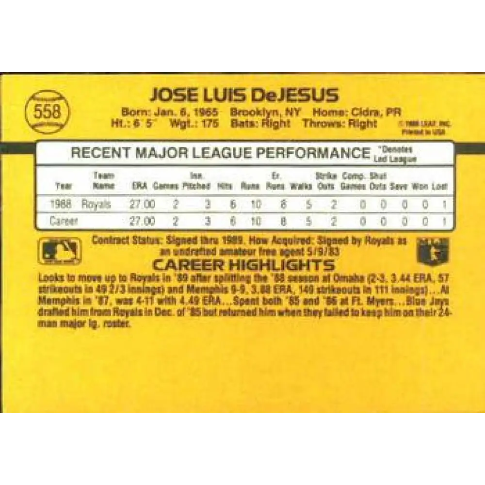 1989 Donruss #558 Jose DeJesus DP NM-MT RC Rookie Kansas City Royals Baseball Card Image 2