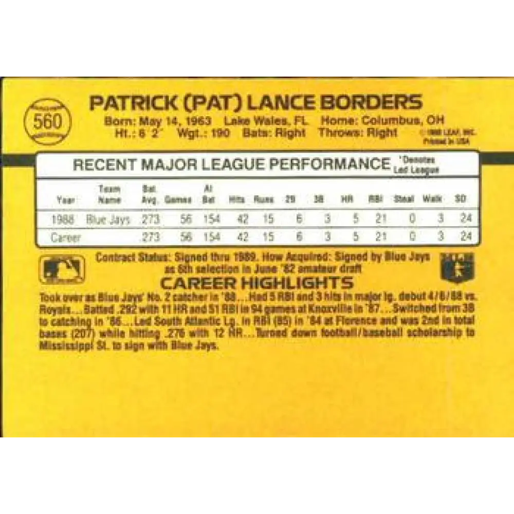 1989 Donruss #560 Pat Borders DP NM-MT RC Rookie Toronto Blue Jays Baseball Card Image 2