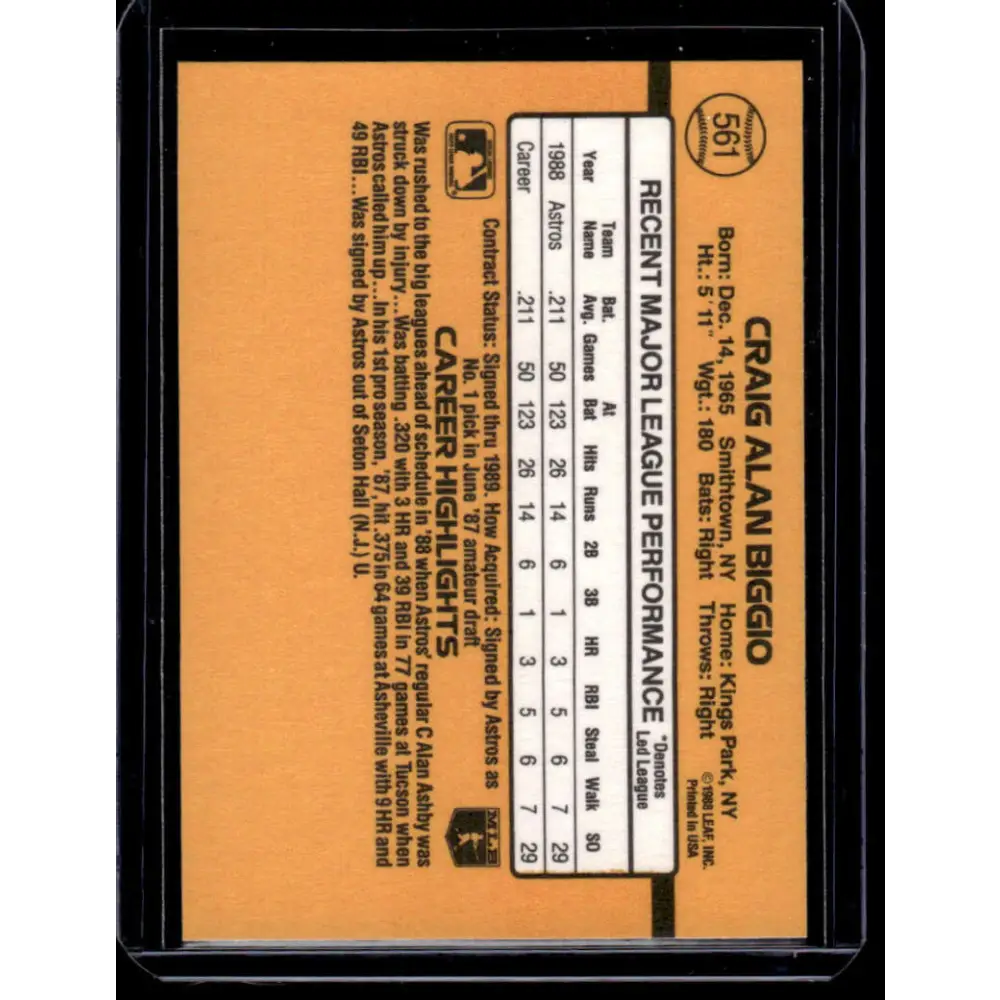 1989 Donruss #561 Craig Biggio Houston Astros NM-MT Baseball Card Image 2