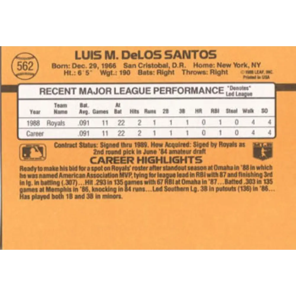 1989 Donruss #562 Luis de los Santos DP NM-MT RC Rookie Kansas City Royals Baseball Card Image 2