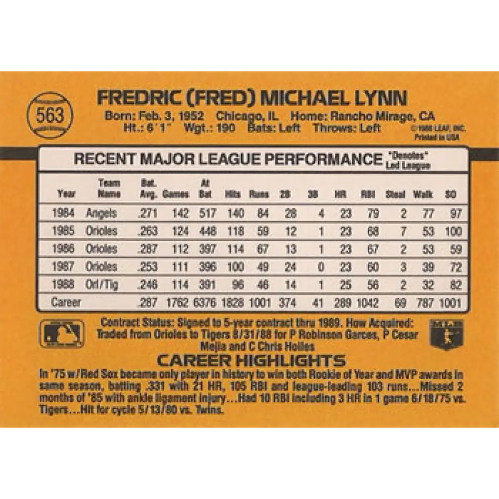 1989 Donruss #563 Fred Lynn DP NM-MT Detroit Tigers Baseball Card Image 2