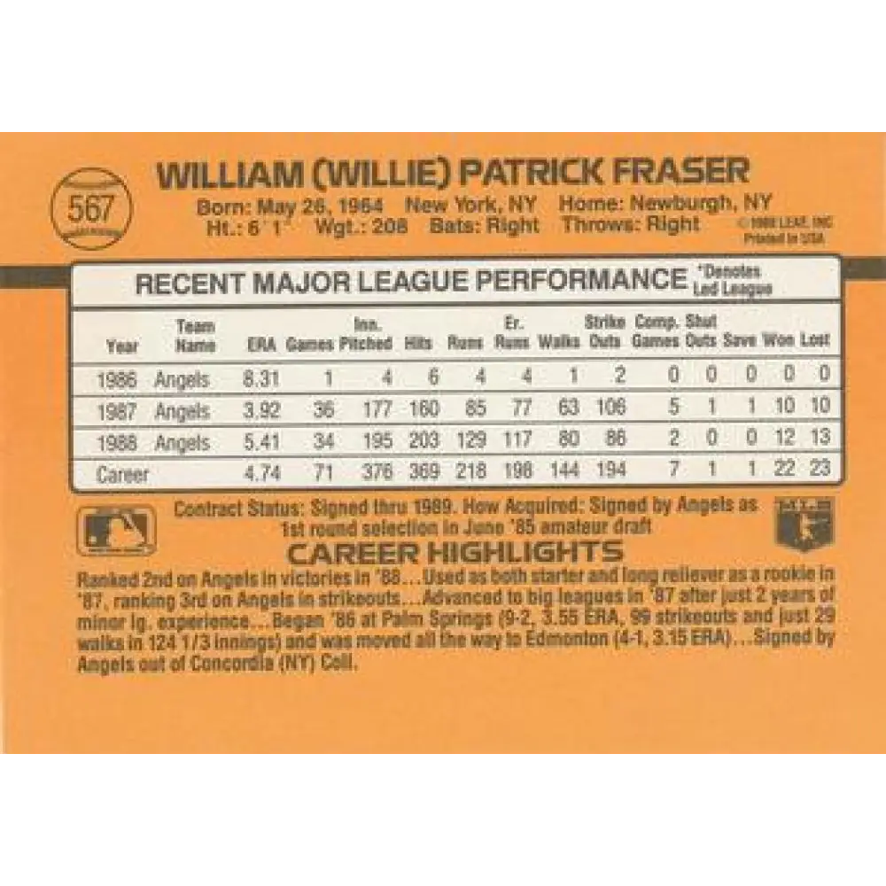 1989 Donruss #567 Willie Fraser DP NM-MT California Angels Baseball Card Image 2