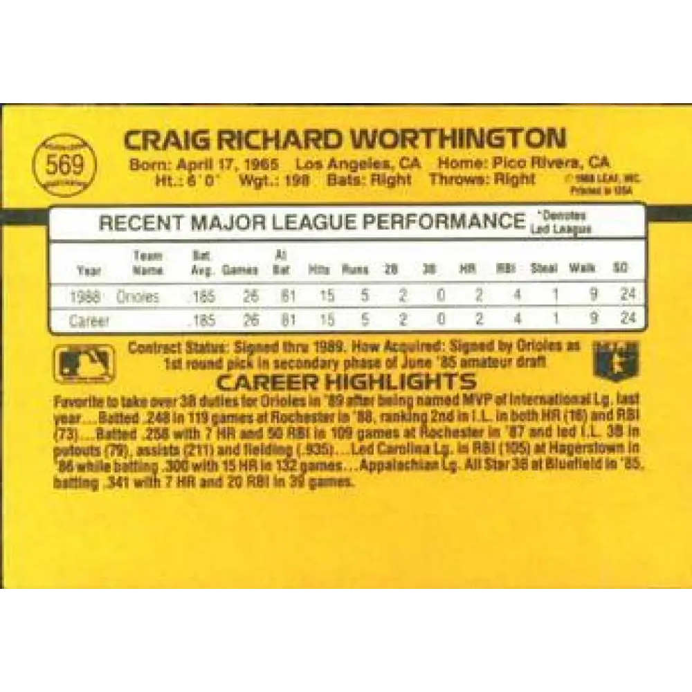 1989 Donruss #569 Craig Worthington DP NM-MT Baltimore Orioles Baseball Card Image 2