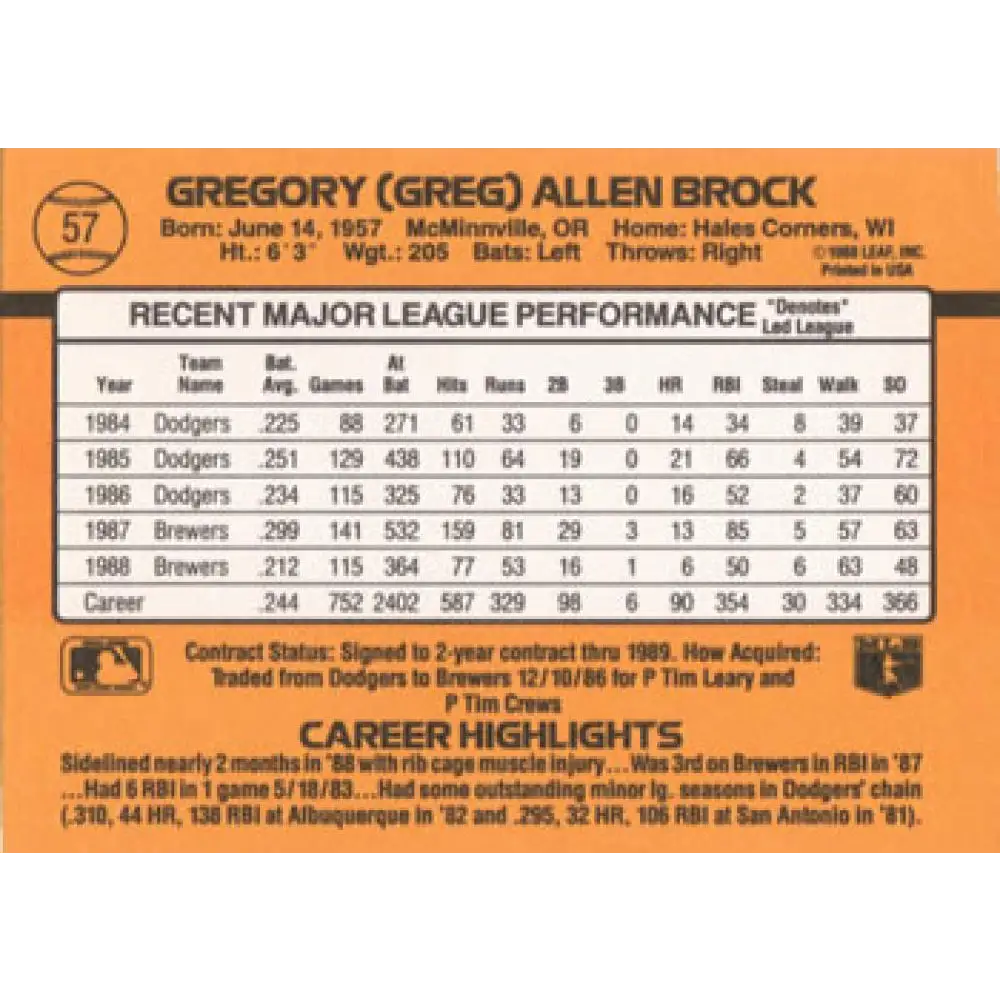 1989 Donruss #57 Greg Brock NM-MT Milwaukee Brewers Baseball Card Image 2