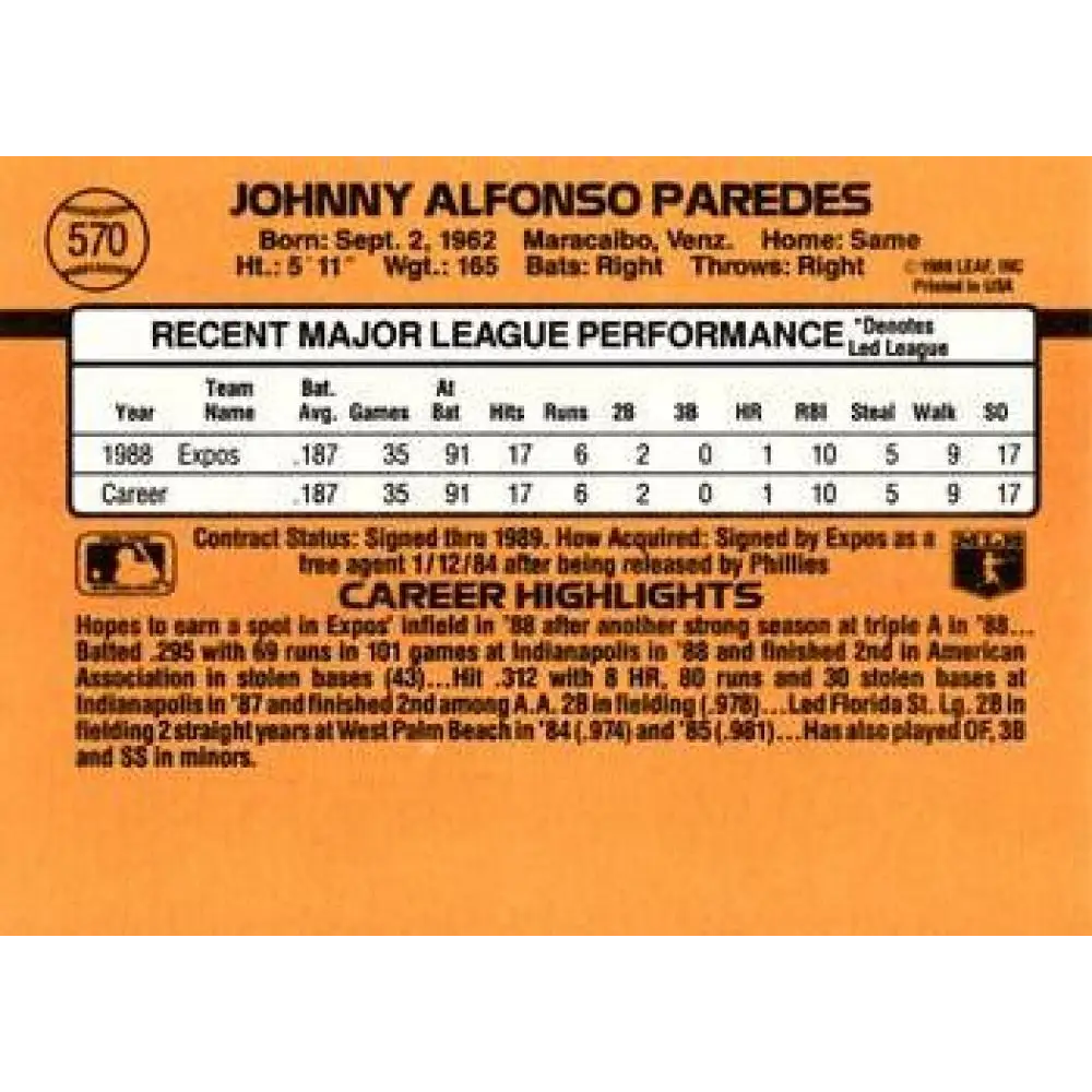 1989 Donruss #570 Johnny Paredes DP NM-MT RC Rookie Montreal Expos Baseball Card Image 2