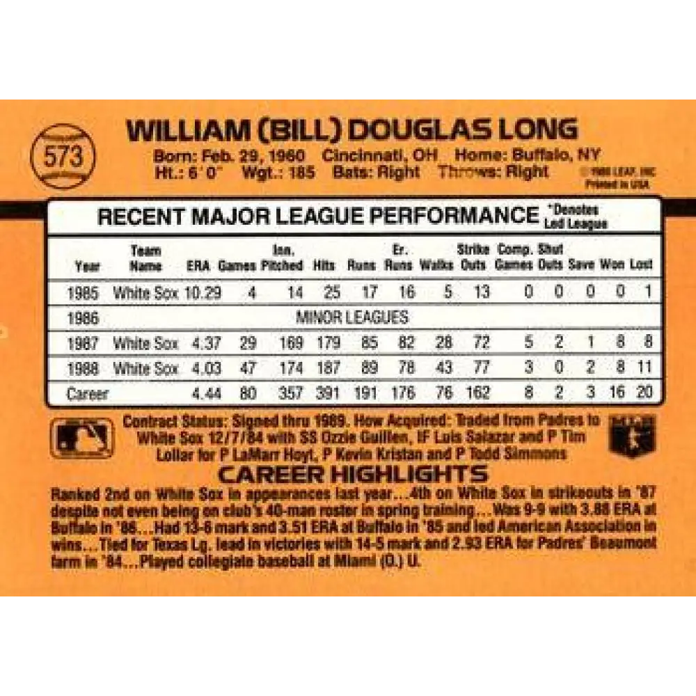 1989 Donruss #573 Bill Long DP NM-MT Chicago White Sox Baseball Card Image 2
