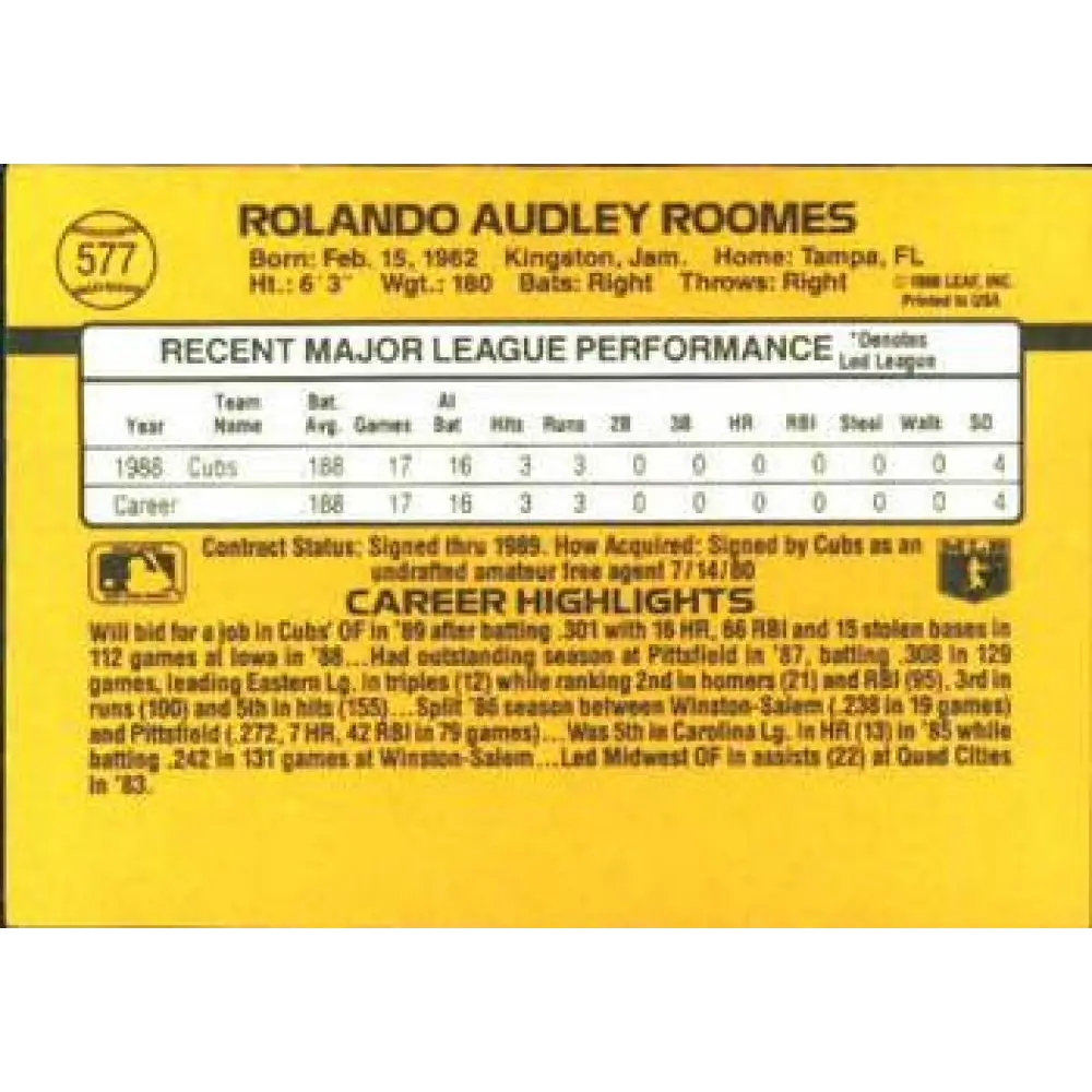 1989 Donruss #577 Rolando Roomes DP NM-MT Chicago Cubs Baseball Card Image 2