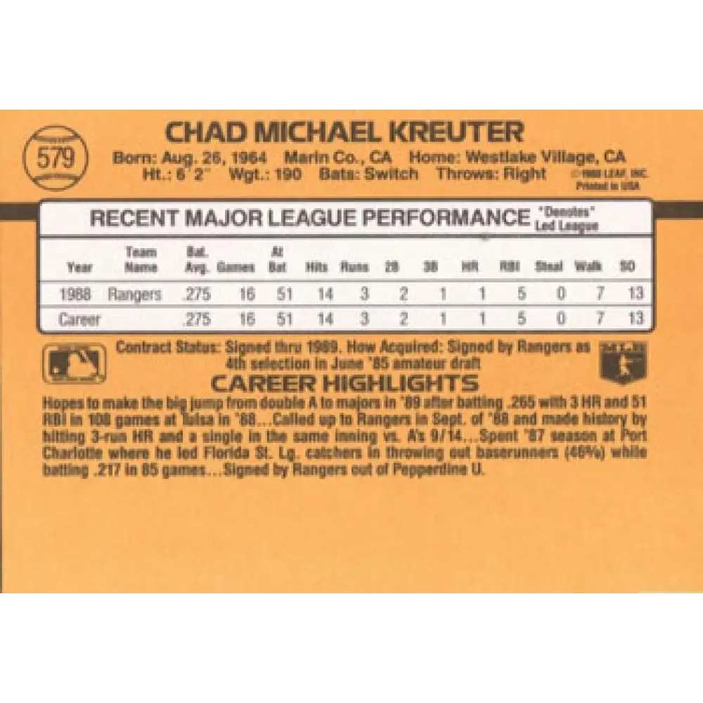 1989 Donruss #579 Chad Kreuter NM-MT RC Rookie Texas Rangers Baseball Card Image 2