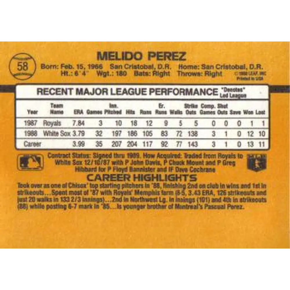1989 Donruss #58 Melido Perez NM-MT Chicago White Sox Baseball Card Image 2