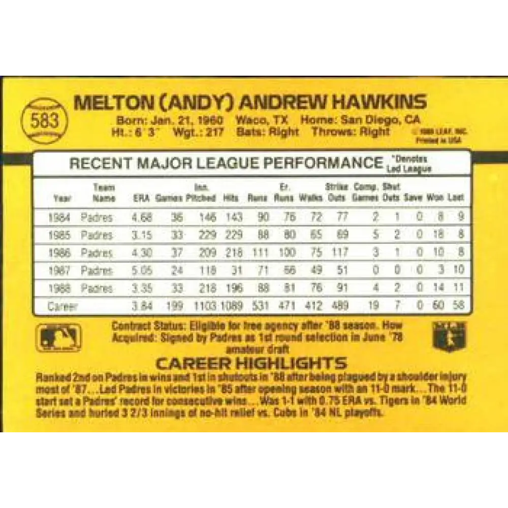 1989 Donruss #583 Andy Hawkins DP NM-MT San Diego Padres Baseball Card Image 2