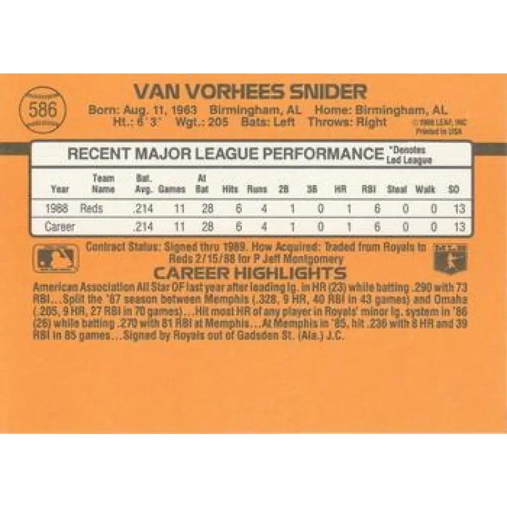 1989 Donruss #586 Van Snider DP NM-MT Cincinnati Reds Baseball Card Image 2