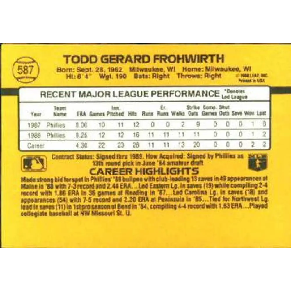 1989 Donruss #587 Todd Frohwirth DP NM-MT Philadelphia Phillies Baseball Card Image 2