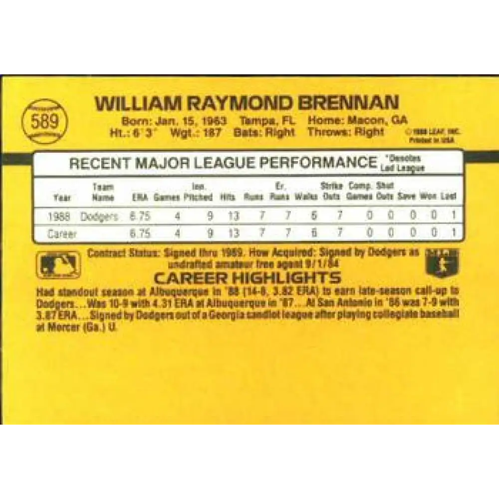 1989 Donruss #589 William Brennan NM-MT RC Rookie Los Angeles Dodgers Baseball Card Image 2