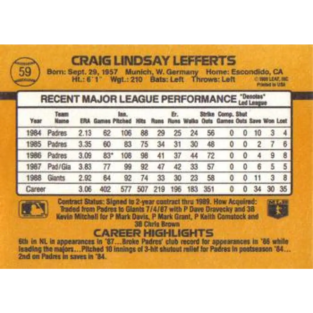 1989 Donruss #59 Craig Lefferts NM-MT San Francisco Giants Baseball Card Image 2