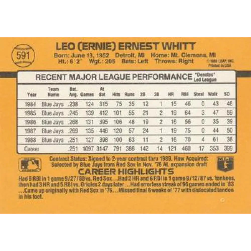 1989 Donruss #591 Ernie Whitt DP NM-MT Toronto Blue Jays Baseball Card Image 2