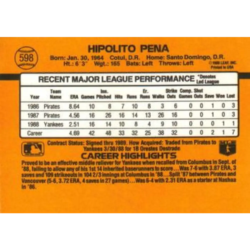 1989 Donruss #598 Hipolito Pena DP NM-MT New York Yankees Baseball Card Image 2