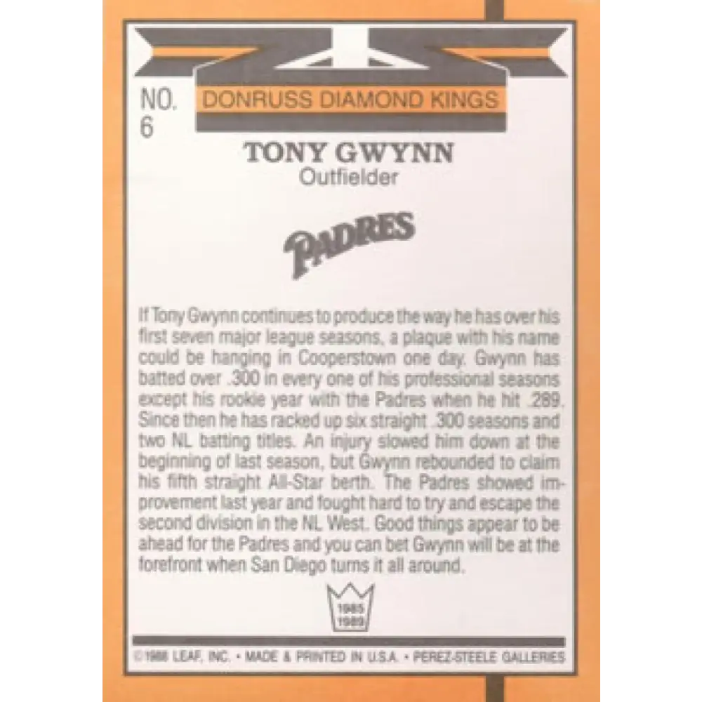 1989 Donruss #6 Tony Gwynn DK DP NM-MT San Diego Padres Baseball Card Image 2