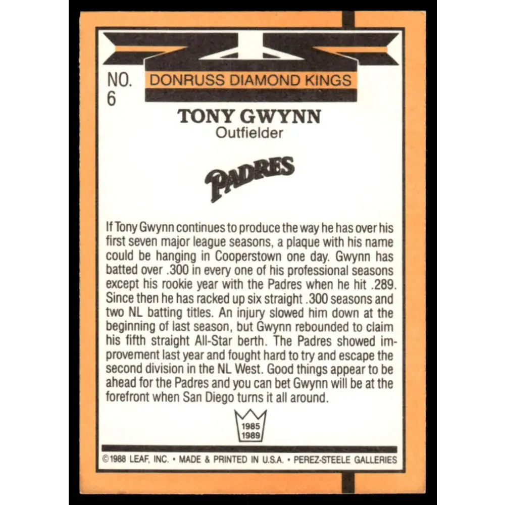1989 Donruss #6 Tony Gwynn NM/MT San Diego Padres Baseball Card Image 2