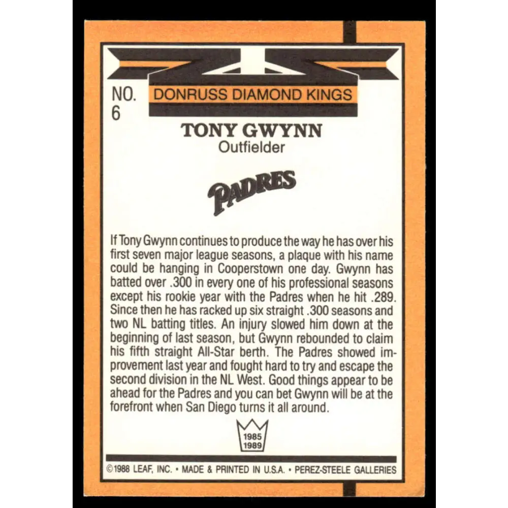 1989 Donruss #6 Tony Gwynn NM/MT San Diego Padres Baseball Card Image 2