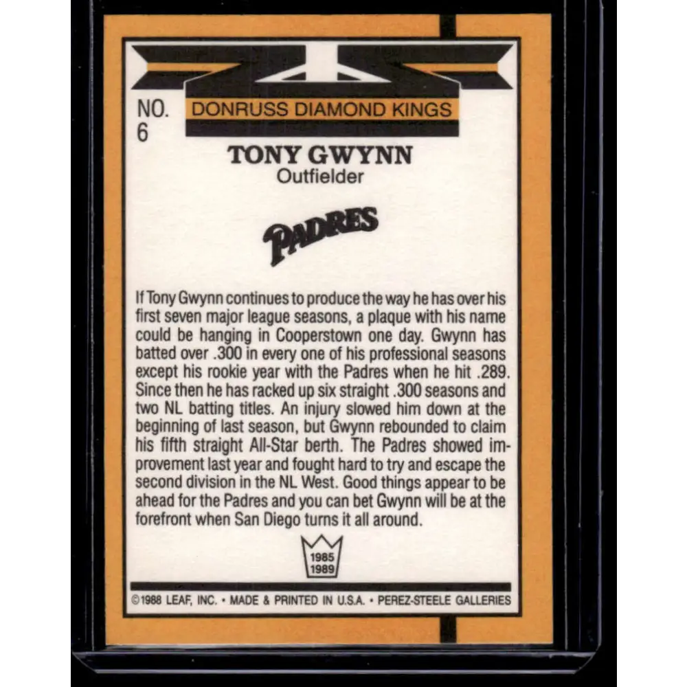 1989 Donruss #6 Tony Gwynn San Diego Padres NM-MT Baseball Card Image 2
