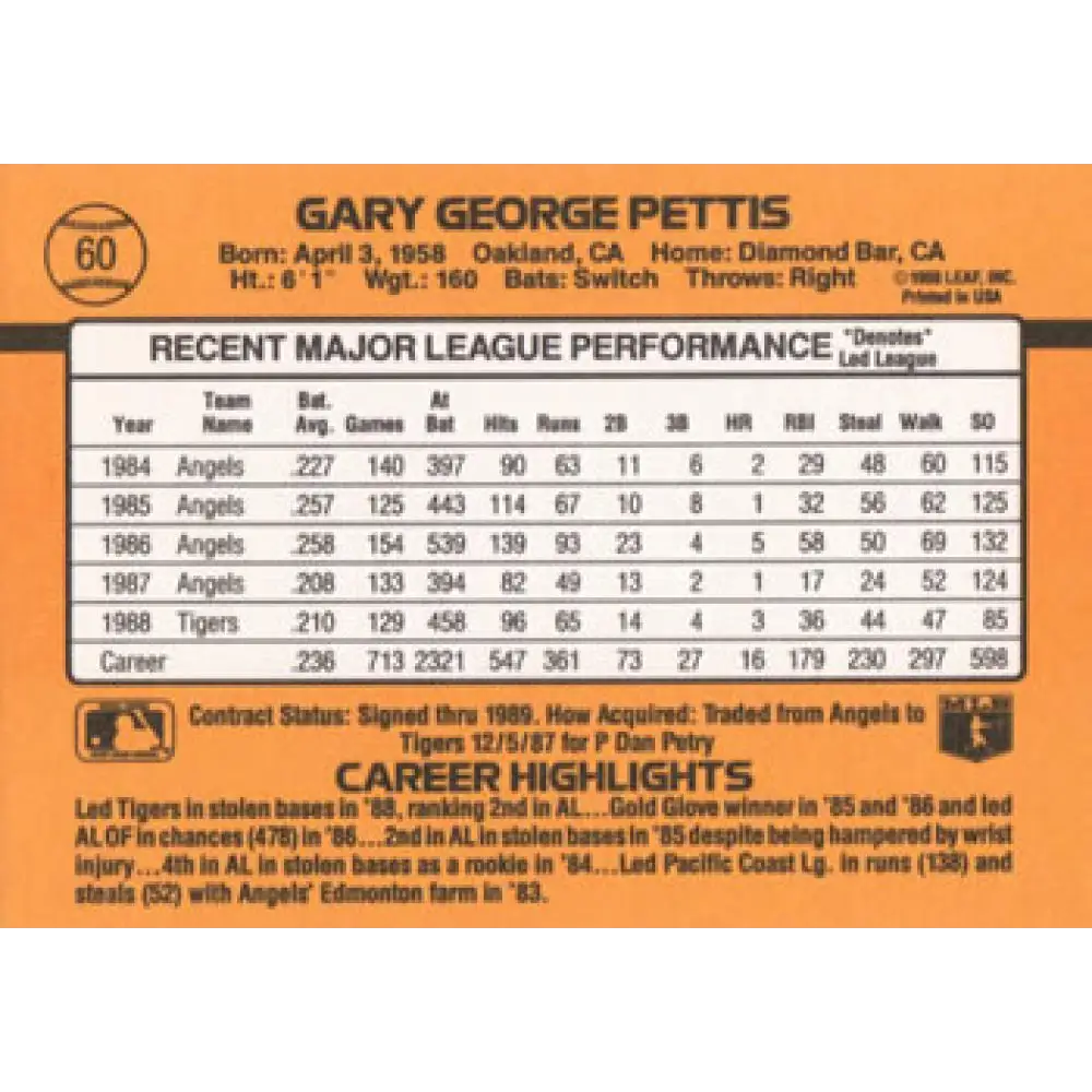 1989 Donruss #60 Gary Pettis NM-MT Detroit Tigers Baseball Card Image 2