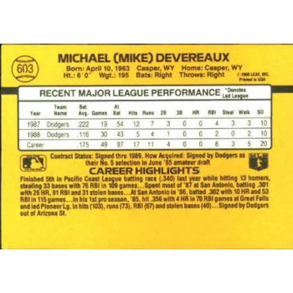 1989 Donruss #603 Mike Devereaux NM-MT Los Angeles Dodgers Baseball Card Image 2