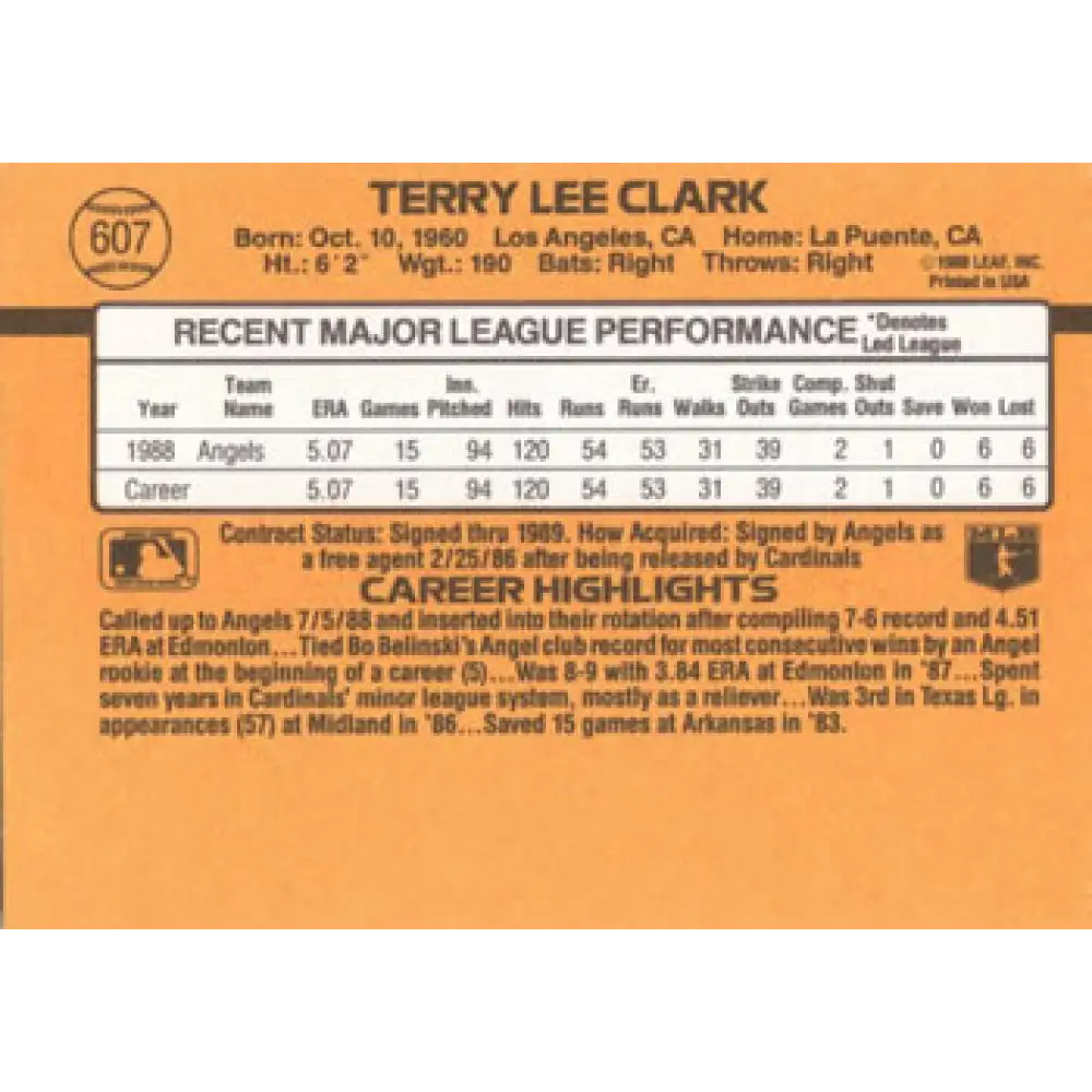 1989 Donruss #607 Terry Clark DP NM-MT RC Rookie California Angels Baseball Card Image 2